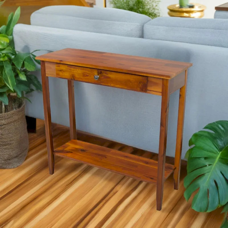 Solid Acacia Wood 1-drawer Console Table with Bottom Shelf