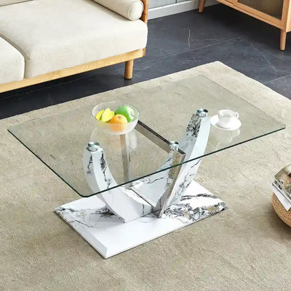 43.3 Modern Rectangular Coffee Table with Stainless Steel Decorative Columns and Thick Base Support