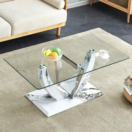 43.3 Modern Rectangular Coffee Table with Stainless Steel Decorative Columns and Thick Base Support