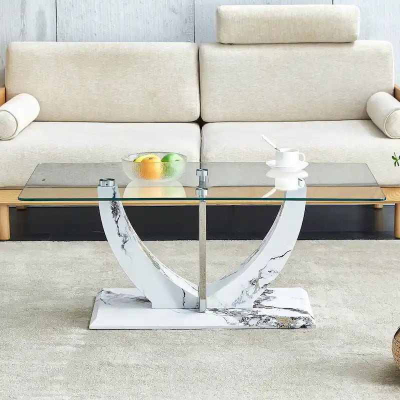 43.3 Modern Rectangular Coffee Table with Stainless Steel Decorative Columns and Thick Base Support