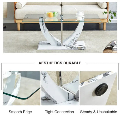 43.3 Modern Rectangular Coffee Table with Stainless Steel Decorative Columns and Thick Base Support