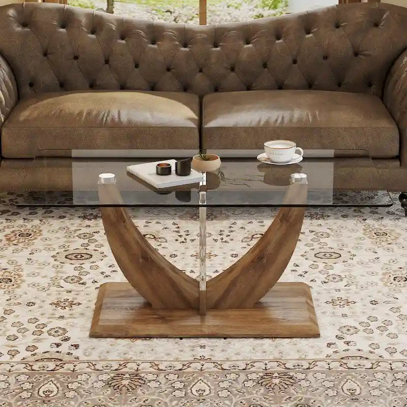 43.3 Modern Rectangular Coffee Table with Stainless Steel Decorative Columns and Thick Base Support