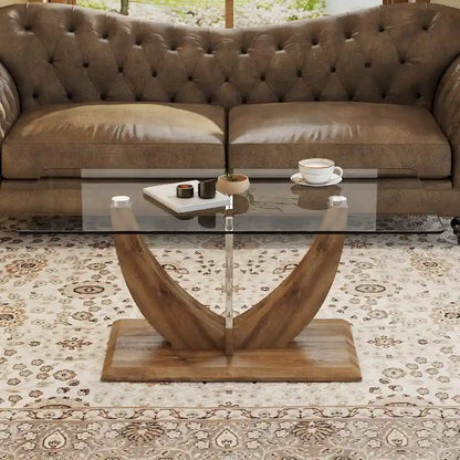 43.3 Modern Rectangular Coffee Table with Stainless Steel Decorative Columns and Thick Base Support