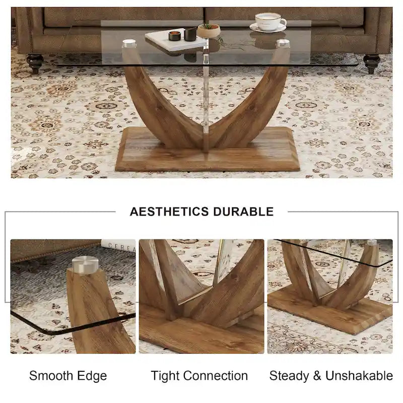 43.3 Modern Rectangular Coffee Table with Stainless Steel Decorative Columns and Thick Base Support