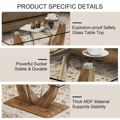 43.3 Modern Rectangular Coffee Table with Stainless Steel Decorative Columns and Thick Base Support