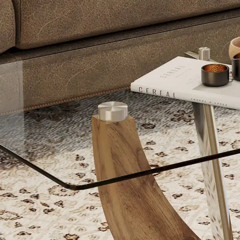 43.3 Modern Rectangular Coffee Table with Stainless Steel Decorative Columns and Thick Base Support