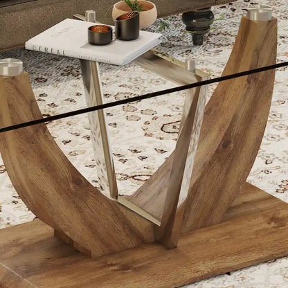 43.3 Modern Rectangular Coffee Table with Stainless Steel Decorative Columns and Thick Base Support