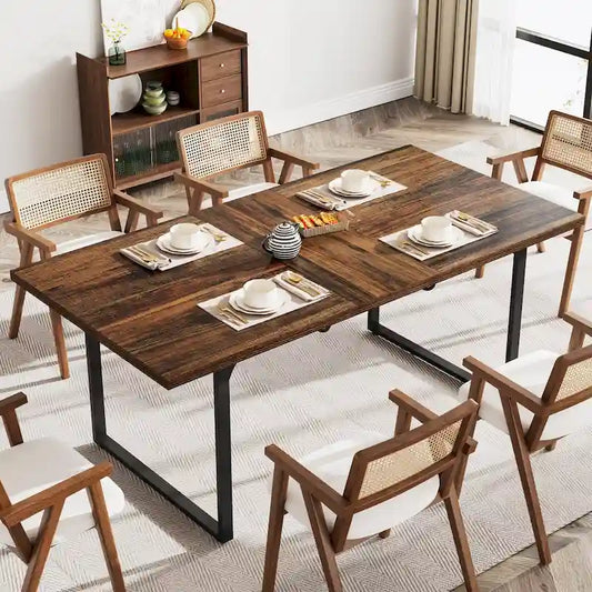 Extendable Dining Room Table for 6-8 people, Wood Rectangular Dinner Table with Metal Frame