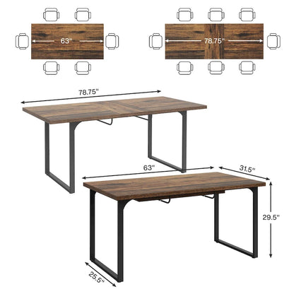 Extendable Dining Room Table for 6-8 people, Wood Rectangular Dinner Table with Metal Frame