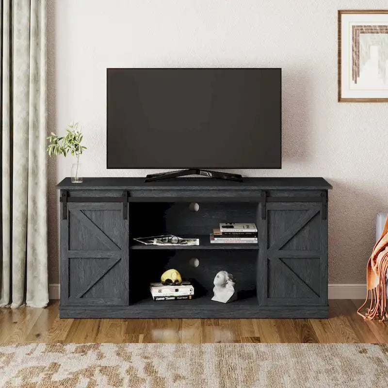 Farmhouse Wood TV Stand with Sliding Barn Door