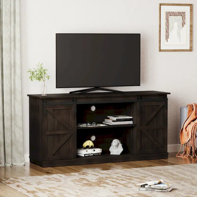 Farmhouse Wood TV Stand with Sliding Barn Door