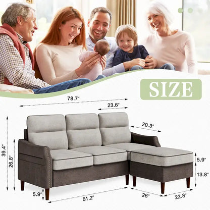 Futzca 78 L Shaped Sofa Couch with Ottoman and Side Storage Bag