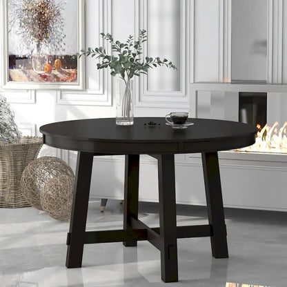 TREXM Farmhouse Round Extendable Dining Table with 16 Leaf Wood Kitchen Table