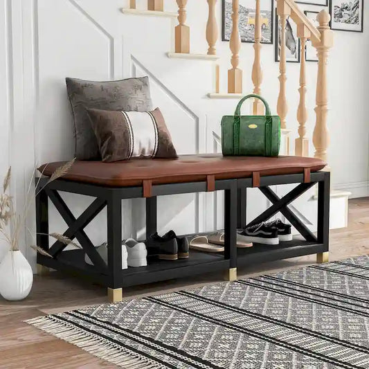 Transitional Wood Storage Bench with Removable Faux Leather Cushions by Furniture of America