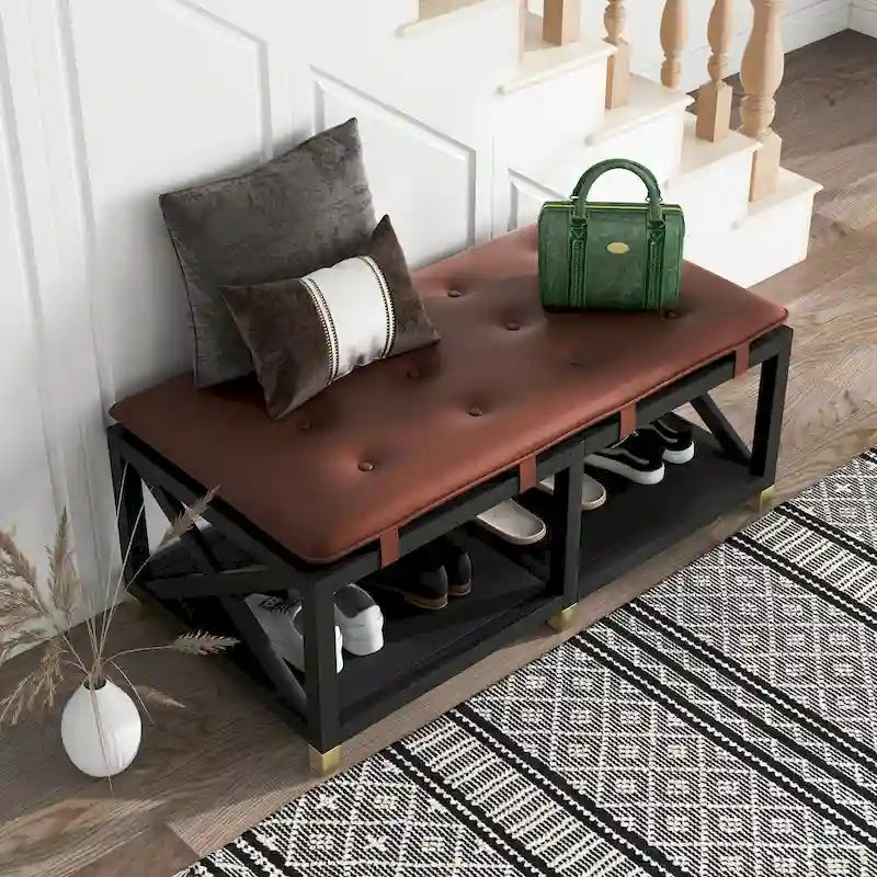 Transitional Wood Storage Bench with Removable Faux Leather Cushions by Furniture of America