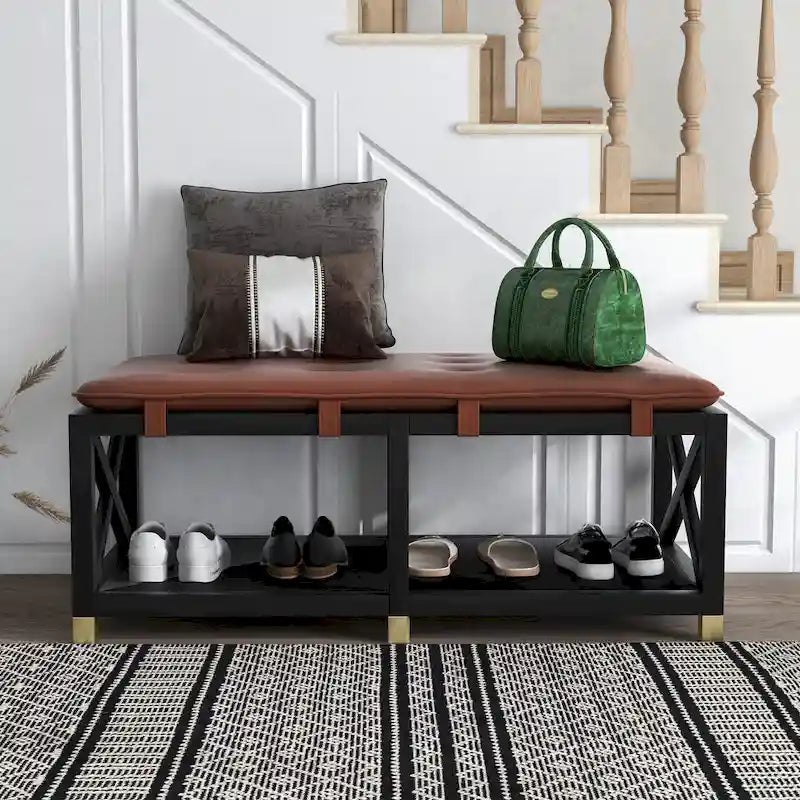 Transitional Wood Storage Bench with Removable Faux Leather Cushions by Furniture of America