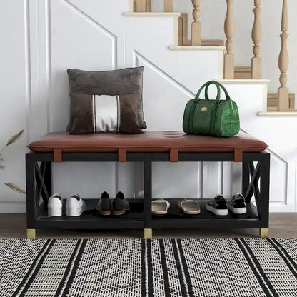 Transitional Wood Storage Bench with Removable Faux Leather Cushions by Furniture of America