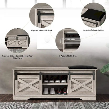 White Shoe Bench Entryway with Storage, Modern Shoe Bench with Sliding X Barn Door - 47.24'x 15.35'x 17.72'