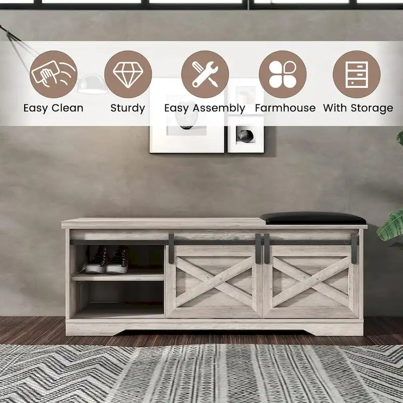 White Shoe Bench Entryway with Storage, Modern Shoe Bench with Sliding X Barn Door - 47.24'x 15.35'x 17.72'