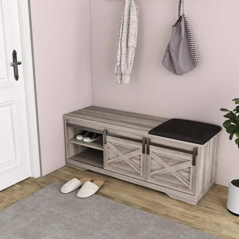 White Shoe Bench Entryway with Storage, Modern Shoe Bench with Sliding X Barn Door - 47.24'x 15.35'x 17.72'