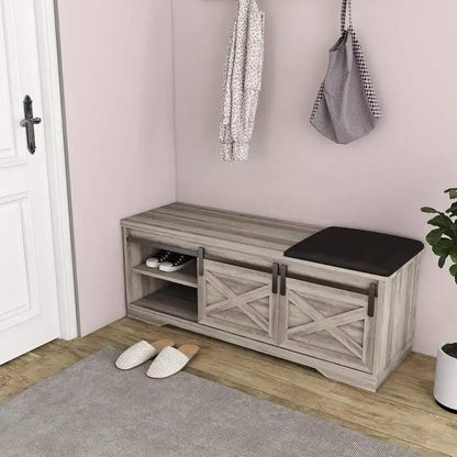 White Shoe Bench Entryway with Storage, Modern Shoe Bench with Sliding X Barn Door - 47.24'x 15.35'x 17.72'
