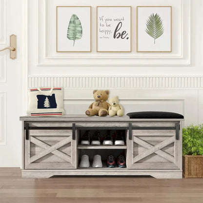 White Shoe Bench Entryway with Storage, Modern Shoe Bench with Sliding X Barn Door - 47.24'x 15.35'x 17.72'