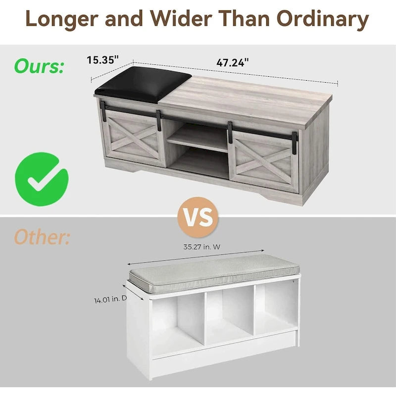 White Shoe Bench Entryway with Storage, Modern Shoe Bench with Sliding X Barn Door - 47.24'x 15.35'x 17.72'
