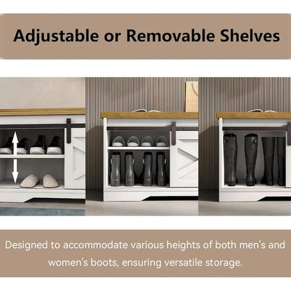 White Shoe Bench Entryway with Storage, Modern Shoe Bench with Sliding X Barn Door - 47.24'x 15.35'x 17.72'