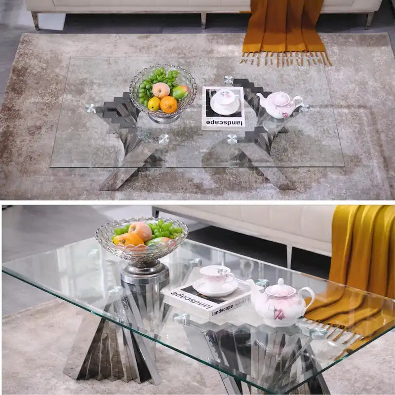 Modern Coffee Table Clear Tempered Glass Living Room Coffee Table with Geometric Base