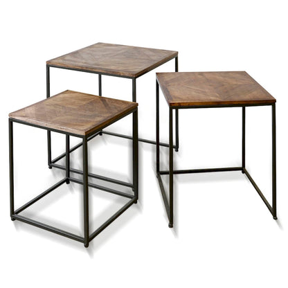 Logan - Set Of Three Nested Side Tables - Dark Wood Finish On Top - Black Iron Frame