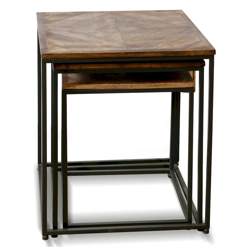 Logan - Set Of Three Nested Side Tables - Dark Wood Finish On Top - Black Iron Frame