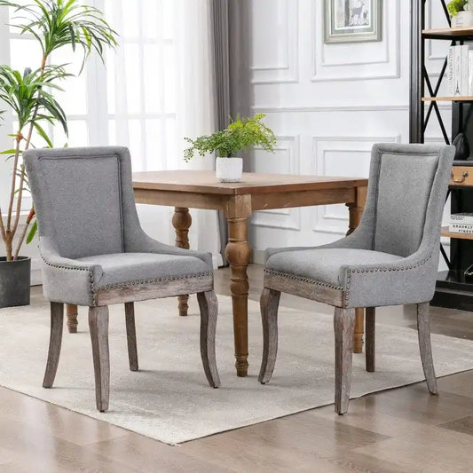 Grondin French Country Vintage Style Dining Chair Set of 2 with Linen Upholstery and Nail Head Trim Details