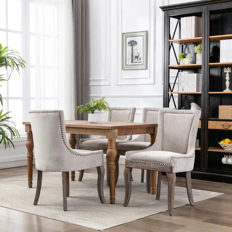 Grondin French Country Vintage Style Dining Chair Set of 2 with Linen Upholstery and Nail Head Trim Details