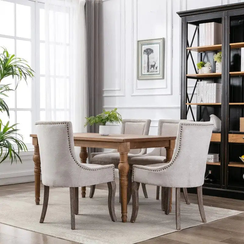 Grondin French Country Vintage Style Dining Chair Set of 2 with Linen Upholstery and Nail Head Trim Details