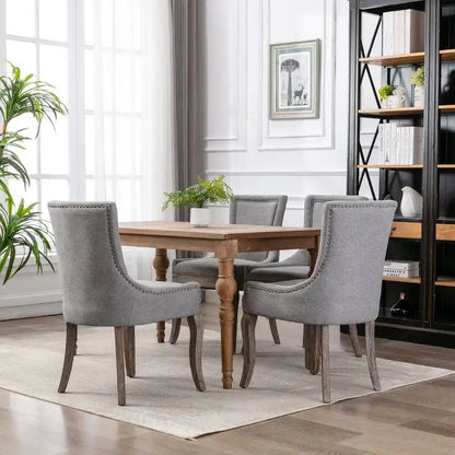 Grondin French Country Vintage Style Dining Chair Set of 2 with Linen Upholstery and Nail Head Trim Details