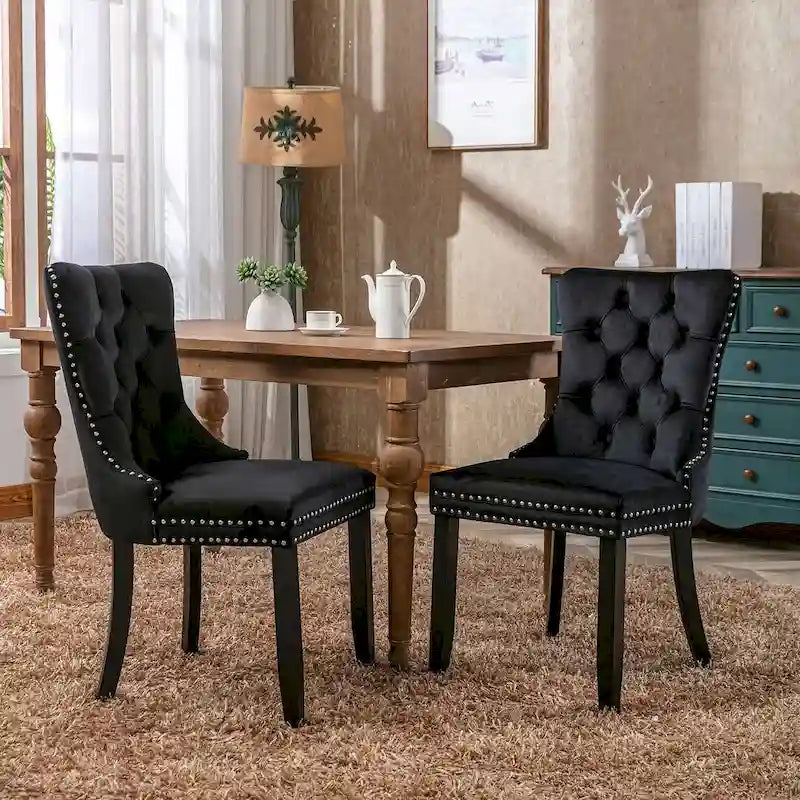 Tufted Solid Wood Contemporary Velvet Upholstered Dining Chairs with Nailhead Trim & Wood Legs, 2-Pcs Set