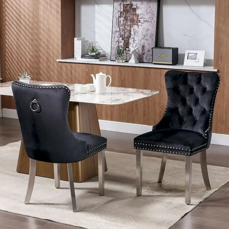 Tufted Solid Wood Contemporary Velvet Upholstered Dining Chairs with Nailhead Trim & Wood Legs, 2-Pcs Set