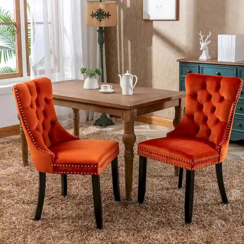 Tufted Solid Wood Contemporary Velvet Upholstered Dining Chairs with Nailhead Trim & Wood Legs, 2-Pcs Set
