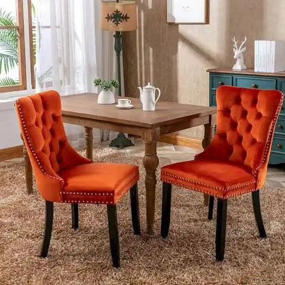 Tufted Solid Wood Contemporary Velvet Upholstered Dining Chairs with Nailhead Trim & Wood Legs, 2-Pcs Set