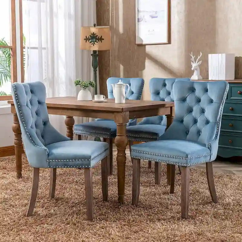 Tufted Solid Wood Contemporary Velvet Upholstered Dining Chairs with Nailhead Trim & Wood Legs, 2-Pcs Set