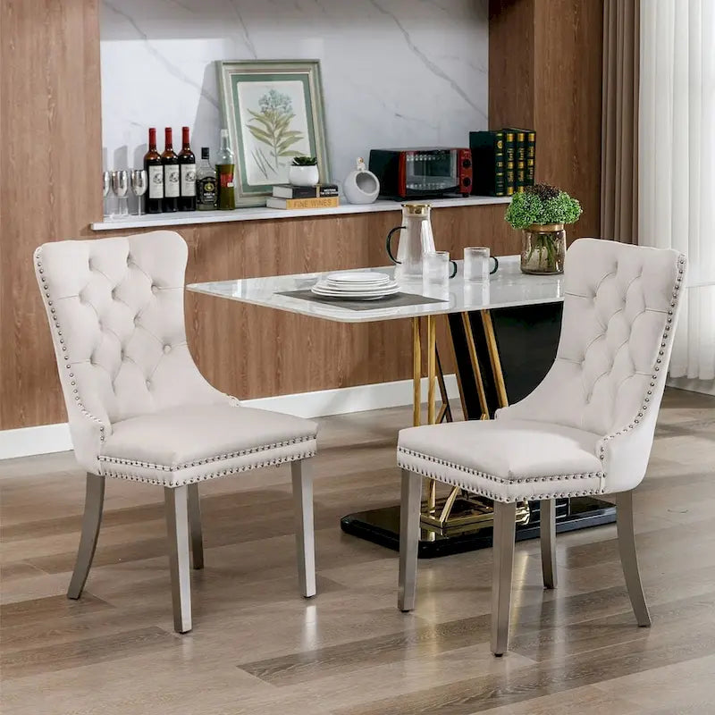 Tufted Solid Wood Contemporary Velvet Upholstered Dining Chairs with Nailhead Trim & Wood Legs, 2-Pcs Set