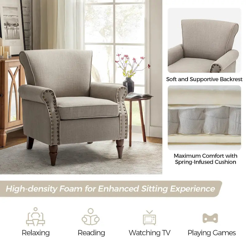 Nyctelius Upholstered Comfy Accent chair with Turned Wooden Legs and Nailhead Trim Set of 2 by HULALA HOME