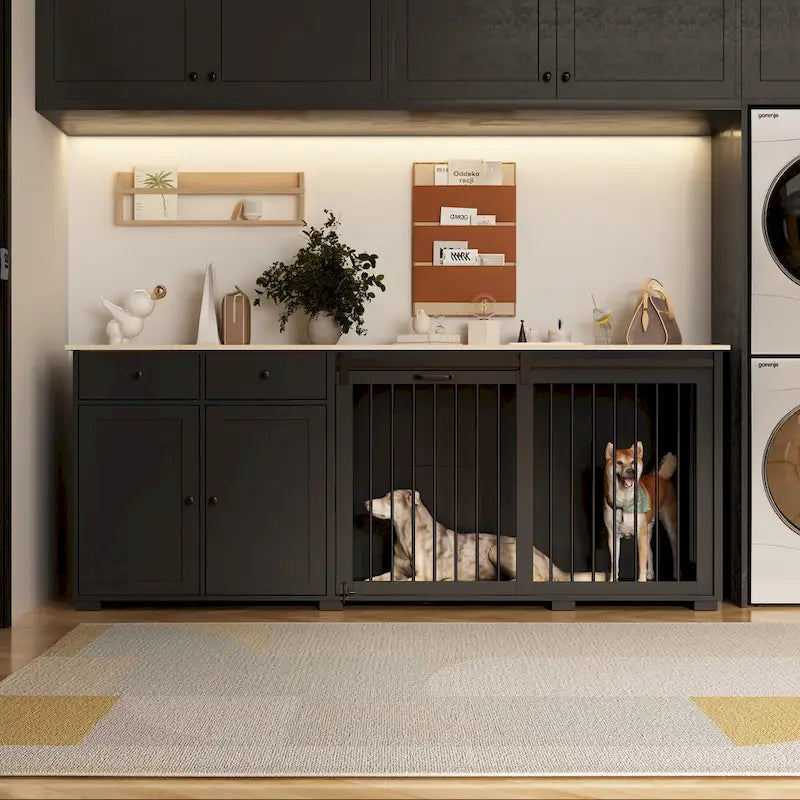 Storage Sideboard with Pet House Modern Home Essential in Black/White