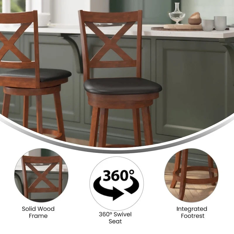 Modern Ladderback Wooden Upholstered Swivel Counter Height Stool