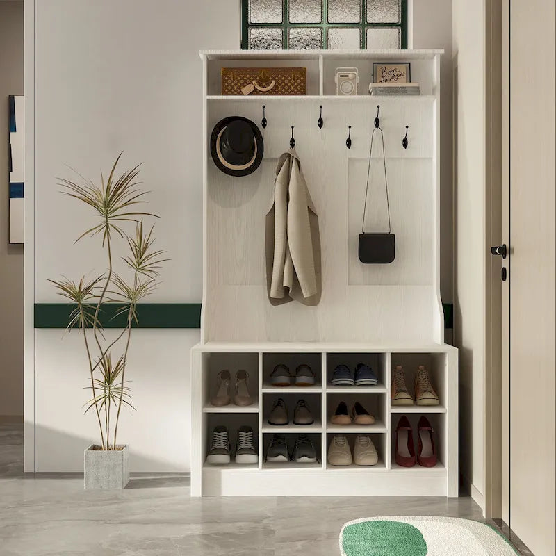 Entryway Hall Trees Bench Shoe Storage Cabinet Coat Rack Hooks White