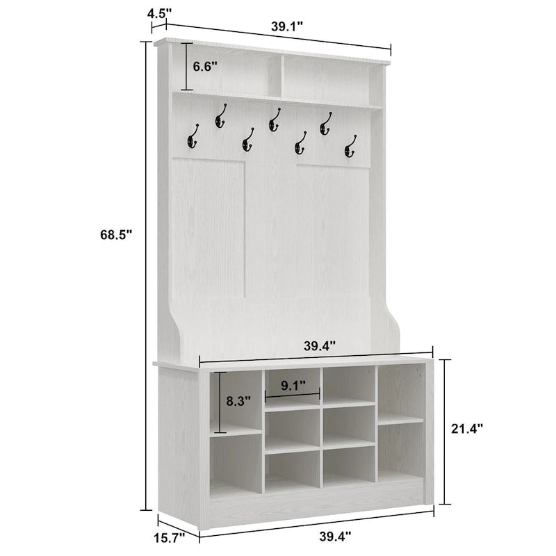 Entryway Hall Trees Bench Shoe Storage Cabinet Coat Rack Hooks White