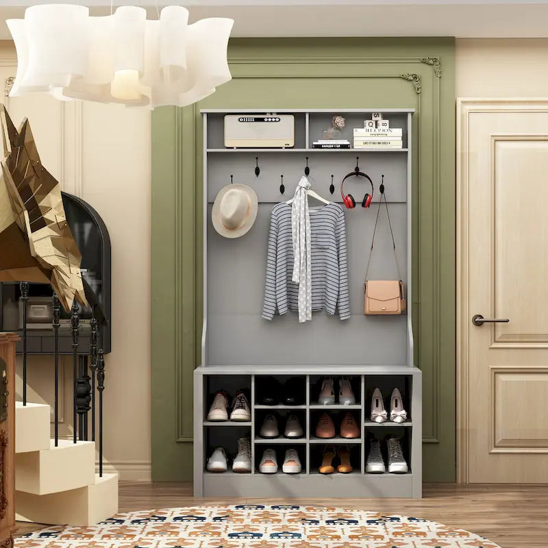 Entryway Hall Trees Bench Shoe Storage Cabinet Coat Rack Hooks White