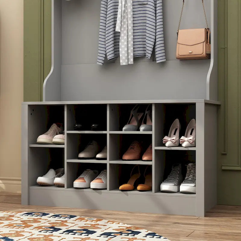 Entryway Hall Trees Bench Shoe Storage Cabinet Coat Rack Hooks White