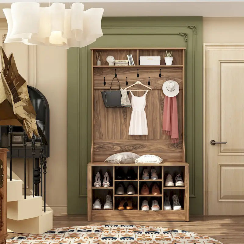 Entryway Hall Trees Bench Shoe Storage Cabinet Coat Rack Hooks White