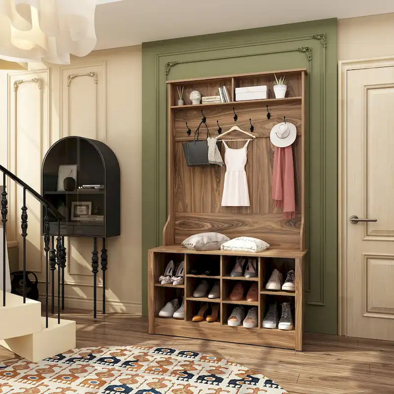 Entryway Hall Trees Bench Shoe Storage Cabinet Coat Rack Hooks White